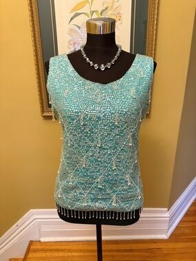 60’s Vintage Beaded Sleeveless Tank Top in Aqua